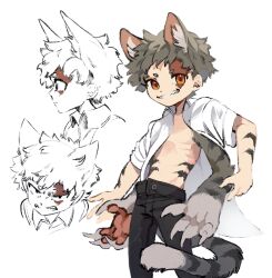 Rule 34 | 1boy, animal ear fluff, animal ears, animal hands, black pants, body markings, cat boy, cat ears, cat tail, claws, commentary, cowboy shot, deviidog0, english commentary, extra arms, grey fur, grin, hand up, highres, looking at viewer, male focus, monster boy, multiple views, no shirt, orange eyes, original, pants, partially colored, scar, scar across eye, short eyebrows, simple background, smile, tail, white background