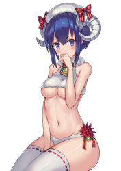 Rule 34 | 1girl, alternate skin color, bare arms, bare shoulders, bell, blush, bow, covering own mouth, crop top, crop top overhang, fate/grand order, fate (series), fur, hassan of serenity (fate), hassan of serenity (merry sheep) (fate), horn bow, horn ornament, horns, invisible chair, looking at viewer, mahou kyuuri, navel, panties, purple eyes, purple hair, red bow, ribbon-trimmed legwear, ribbon trim, shiny skin, short hair, sidelocks, simple background, sitting, sleeveless, solo, stomach, thighhighs, underwear, white background, white panties, white thighhighs