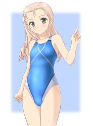 Rule 34 | 10s, 1girl, absurdres, bare shoulders, blonde hair, blue one-piece swimsuit, blush, breasts, collarbone, competition swimsuit, cowboy shot, drill hair, girls und panzer, green eyes, highres, index finger raised, long hair, looking at viewer, marie (girls und panzer), one-piece swimsuit, small breasts, smile, solo, standing, swimsuit, takafumi, thigh gap