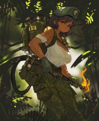Rule 34 | 1girl, absurdres, arm strap, beret, black hair, breast strap, breasts, camouflage, camouflage pants, cleavage, commission, explosive, fern, flamethrower, forest, green hat, grenade, hair behind ear, hat, highres, holding, large breasts, nature, original, pants, polilla, red eyes, see-through, see-through shirt, short hair, solo, sweat, v-shaped eyebrows, weapon