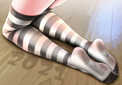 Rule 34 | 1other, 2021, ambiguous gender, black thighhighs, commentary request, cum, cum on legs, feet, kneeling, no shoes, oouso, original, solo, striped clothes, striped thighhighs, thighhighs, thighs, white thighhighs, wooden floor