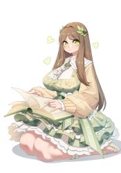 Rule 34 | 1girl, absurdres, black survival, breasts, brown hair, dress, eternal return: black survival, floral print, green dress, green eyes, gweon sua, hair ornament, highres, large breasts, leaf hair ornament, long hair, looking at viewer, seiza, simple background, sitting, solo, symbol-shaped pupils, white background, yabby