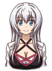 Rule 34 | 1girl, blue eyes, breasts, cleavage, collarbone, criss-cross halter, female focus, hair between eyes, halterneck, halterneck, lab coat, large breasts, long hair, looking at viewer, mugen ouka, neck, ore twintail ni narimasu, sidelocks, silver hair, simple background, smile, solo, twoearle, upper body, very long hair, white background