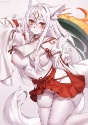 Rule 34 | 1girl, amaterasu (ookami), animal ears, animal nose, bare shoulders, blush, body markings, breast curtains, breasts, cleft of venus, closed mouth, colored skin, detached sleeves, facial mark, furry, furry female, hair between eyes, hakama, hakama short skirt, hakama skirt, highres, iwbitu, japanese clothes, large breasts, layered sleeves, long hair, miniskirt, nipple slip, nipples, nontraditional miko, ookami (game), pussy, red hakama, red skirt, reflector (ookami), skirt, solo, standing, thighhighs, uncensored, underboob, white hair, white skin, white sleeves, white thighhighs, wide sleeves, wolf ears, yellow eyes