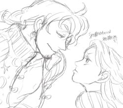 Rule 34 | 1boy, 1girl, annoyed, beard, disney, eye contact, face, facial hair, flynn rider, graphite (medium), height difference, jitome, kanaharu 0401, looking at another, monochrome, rapunzel, rapunzel (disney), sketch, tangled, traditional media, translation request