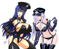 Rule 34 | 2girls, :p, bdsm, blue hair, breasts, bursting breasts, cleavage, collaboration, collar, dominatrix, donguri, elbow gloves, garter belt, gloves, green eyes, hat, huge breasts, kaizeru, kanda (squall-rinoa), leather, midriff, multiple girls, navel, original, peaked cap, purple eyes, skindentation, thighhighs, tongue, tongue out, whip, white hair