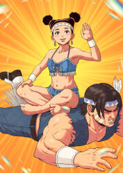 Rule 34 | 1boy, 1girl, bare legs, barefoot, big body, capcom, denim, denim shorts, headband, highres, indian style, lily hawk, navel, short shorts, shorts, sitting, sitting on person, stomach, street fighter, street fighter 6, street fighter ii (series), thunder hawk, torn clothes, torn sleeves, wristband