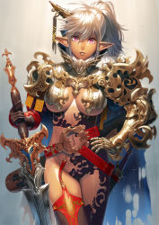 Rule 34 | 1girl, armor, asymmetrical armor, asymmetrical clothes, belt, bikini armor, black gloves, breasts, buckle, cape, cowboy shot, dark-skinned female, dark skin, earrings, garter straps, gauntlets, gloves, gradient background, hair between eyes, hand on own hip, holding, holding sword, holding weapon, horn ornament, horn ring, horns, jewelry, large breasts, long hair, looking at viewer, navel, ogino (oginogino), original, ponytail, purple eyes, red thighhighs, revealing clothes, ribbon, scabbard, sheath, single glove, single horn, single thighhigh, solo, sword, thighhighs, torn cape, torn clothes, underboob, unsheathed, weapon