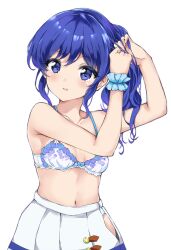 Rule 34 | 1girl, absurdres, adjusting hair, aikatsu!, aikatsu! (series), arms up, bare arms, bare shoulders, blue bow, blue eyes, blue hair, bow, bow bra, bra, breasts, collarbone, cowboy shot, expressionless, eyelashes, floral print, hair between eyes, hand in own hair, highres, kawahara natsuki, kiriya aoi, lace, lace-trimmed bra, lace trim, light blush, long hair, multicolored clothes, navel, no shirt, open mouth, pleated skirt, side ponytail, sidelocks, skirt, small breasts, solo, swept bangs, teeth, underwear, upper teeth only, wavy hair, white background, white bra, white skirt, wristband