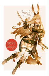Rule 34 | 1girl, animal ears, arm guards, bodice, boots, breasts, brown eyes, brown footwear, brown hair, chinese zodiac, garter straps, happy new year, high-low skirt, highres, holding, holding sword, holding weapon, katana, large breasts, light smile, long hair, looking at viewer, new year, original, parted lips, peppermint jet, pink background, rabbit, rabbit ears, rabbit girl, skirt, solo, speech bubble, sword, sword behind back, teeth, thighhighs, two-tone background, very long hair, weapon, white background, white thighhighs, year of the rabbit