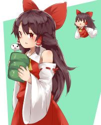 Rule 34 | 2girls, alternate hair length, alternate hairstyle, ascot, black eyes, blush, bow, brown hair, collared shirt, commentary request, cookie (touhou), cowboy shot, cup, detached sleeves, dress, full body, hair bow, hakurei reimu, highres, holding, holding cup, long hair, looking at viewer, mini person, minigirl, multiple girls, open mouth, red bow, red dress, red eyes, red shirt, red skirt, reu (cookie), ribbon-trimmed sleeves, ribbon trim, sakenomi (cookie), shirt, skirt, sleeveless, sleeveless shirt, sleeves past fingers, sleeves past wrists, touhou, white sleeves, yellow ascot, yumekamaborosh, yunomi