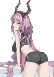 1girl arknights ass black_horns black_shorts black_sports_bra breasts from_behind hairband highres horn_hairband horns large_breasts leaning long_hair object panties_visible_through_clothes purple_hair red_eyes shorts siguya sports_bra twintails typhon_(arknights) very_long_hair