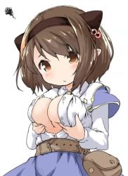 Rule 34 | 1girl, animated, belt, blinking, breast conscious, breast hold, breasts squeezed together, breasts, brown eyes, brown hair, covered erect nipples, granblue fantasy, hairband, large breasts, live2d, looking at breasts, natsu no koucha, oppai loli, pout, solo, sweatdrop, tagme, ugoira, unbuttoned, unbuttoned shirt, video, yaia (granblue fantasy)