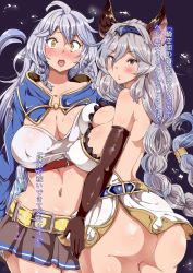Rule 34 | 10s, 2girls, :o, ahoge, animal ears, ass, backless outfit, belt, blush, braid, breasts, brown eyes, cleavage, cowboy shot, curvy, erune, granblue fantasy, heles, highres, huge ass, large breasts, long hair, midriff, multiple girls, open mouth, silva (granblue fantasy), silver hair, skirt, translation request, twin braids, wide hips, yac (mokkori), yellow eyes