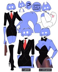 Rule 34 | ?, absurdres, bare shoulders, black bow, black bowtie, black skirt, blazer, bow, bowtie, breasts, buttons, cleavage, collarbone, commentary, detached collar, discord, elbow gloves, english commentary, english text, fishnet legwear, fishnets, gloves, hand on own hip, hands on own hips, highres, idolomantises, jacket, large breasts, microskirt, necktie, paw print soles, playboy bunny, red necktie, simple background, skirt, speech bubble, standing, suit jacket, suitcase, tail, white background, white gloves, wing collar, wrist cuffs