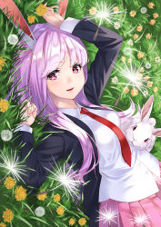 Rule 34 | 1girl, animal ears, arms up, blazer, blush, extra ears, grass, jacket, long hair, lying, necktie, on back, open mouth, purple hair, rabbit, rabbit ears, red eyes, red necktie, reisen udongein inaba, skirt, smile, solo, touhou, unowen