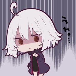 Rule 34 | 1girl, ahoge, beni shake, black dress, brown eyes, chibi, commentary request, dress, fate/grand order, fate (series), fur-trimmed jacket, fur-trimmed sleeves, fur trim, gloom (expression), hair between eyes, jacket, jeanne d&#039;arc (fate), jeanne d&#039;arc alter (fate), jeanne d&#039;arc alter (ver. shinjuku 1999) (fate), long sleeves, looking at viewer, official alternate costume, open clothes, open jacket, purple jacket, silver hair, solo, standing, translation request, wicked dragon witch ver. shinjuku 1999