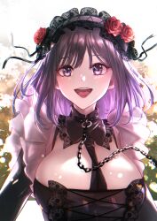Rule 34 | 1girl, :d, between breasts, black collar, black dress, black necktie, black ribbon, bonnet, breasts, chain, chain leash, cleavage, collar, commentary request, detached collar, dress, flower, frilled dress, frills, gothic lolita, hair flower, hair ornament, highres, kuroe shizuku, large breasts, leash, lolita fashion, long sleeves, looking at viewer, medium hair, namekuji (slug), necktie, necktie between breasts, open mouth, purple eyes, purple hair, red flower, red rose, ribbon, rose, smile, solo, sono bisque doll wa koi wo suru, upper body