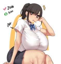 Rule 34 | 1girl, aster crowley, black choker, black hair, blue bow, blue bowtie, bow, bowtie, breasts, breasts on lap, bright pupils, choker, food in mouth, gigantic breasts, girlfriend (yoru mac), highres, light blush, looking at viewer, mcdonald&#039;s, mouth hold, pleated skirt, ponytail, school uniform, shirt, short sleeves, sitting, skirt, solo, thighs, white background, white shirt, yoru mac