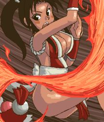 Rule 34 | 1girl, breasts, cleavage, element bender, fatal fury, fire, large breasts, long hair, lowres, oekaki, pelvic curtain, ponytail, revealing clothes, shiranui mai, snk, solo, the king of fighters