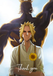 Rule 34 | 2boys, all might, back-to-back, blonde hair, bodysuit, boku no hero academia, closed mouth, collarbone, dress shirt, dual persona, facing viewer, flower, grey background, grey shirt, highres, medium hair, multiple boys, muscular, muscular male, parted bangs, shirt, simple background, smile, sunflower, suspenders, trevo (trevoshere), upper body, yagi toshinori