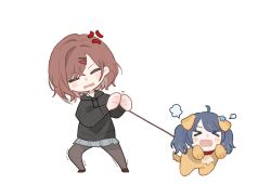 Rule 34 | &gt; &lt;, 2girls, ahoge, anger vein, blue hair, blush stickers, brown footwear, brown hair, brown legwear, chibi, chinese commentary, clenched hand, closed eyes, dog girl, drawstring, fang, fukumaru koito, grey skirt, hair ornament, hairclip, hands up, highres, higuchi madoka, idolmaster, idolmaster shiny colors, kkuang, leash, mole, mole under eye, multiple girls, open mouth, pantyhose, pulling, short hair, simple background, skin fang, skirt, sweater, swept bangs, two side up, white background