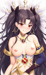 Rule 34 | 1girl, armlet, asymmetrical sleeves, bad id, bad pixiv id, bare shoulders, bikini, bikini top only, black bow, black hair, blush, bow, breasts, closed mouth, dakimakura (medium), detached collar, earrings, fate/grand order, fate (series), hair bow, hoop earrings, ishtar (fate), jewelry, long hair, medium breasts, navel, neck ring, nipples, parted bangs, red eyes, shadowgrave, smile, solo, swimsuit, tiara, two side up, uneven sleeves, white bikini