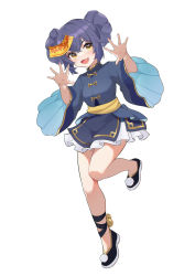 Rule 34 | 1girl, :d, absurdres, ankle bell, bell, black footwear, blue hair, blue jacket, blue skirt, blush, chinese commentary, commentary request, double bun, fang, frilled skirt, frills, hair between eyes, hair bun, hands up, highres, jacket, jingle bell, looking at viewer, ofuda, open mouth, original, shoes, short hair, short sleeves, simple background, skin fang, skirt, smile, solo, standing, standing on one leg, thick eyebrows, wendao, white background, wide sleeves, yellow eyes
