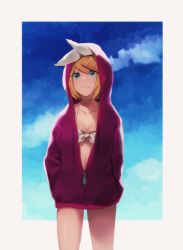 Rule 34 | :&lt;, arm behind back, bare legs, bikini, bikini under clothes, blonde hair, blue eyes, blue sky, bow, breasts, cleavage, closed mouth, cloud, collarbone, day, eyebrows, hair bow, hand in pocket, hood, hood up, hoodie, kagamine rin, looking at viewer, mipi, pink hoodie, purple hoodie, short hair, sky, solo, swimsuit, unzipped, vocaloid