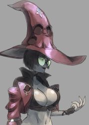 1girl, black-framed eyewear, black shirt, breasts, choker, cropped jacket, cropped shirt, glasses, green-tinted eyewear, grey background, guilty gear, guilty gear strive, hat, i-no, jacket, kitsune23star, large breasts, lips, midriff, navel, popped collar, red headwear, red jacket, shirt, short hair, solo, witch hat