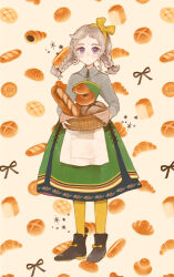 Rule 34 | 1girl, apron, baguette, basket, blue eyes, blush, boots, bow hairband, braid, bread, collared dress, croissant, dress, expressionless, food, full body, grey hair, hairband, holding, holding basket, long hair, long sleeves, looking at viewer, original, pantyhose, ribbon, solo, twin braids, waist apron, yunoto (conceit)