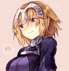 Rule 34 | 1girl, blonde hair, blush, breasts, capelet, chain, closed mouth, dress, embarrassed, fate/apocrypha, fate/grand order, fate (series), flying sweatdrops, gorget, headpiece, highres, jeanne d&#039;arc (fate), jeanne d&#039;arc (ruler) (fate), large breasts, long hair, looking away, nose blush, pink background, purple dress, purple eyes, simple background, solo, spoken blush, sukemyon, upper body