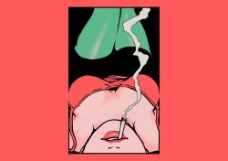 Rule 34 | 1girl, border, breasts, breasts apart, camisole, cigarette, green pantyhose, highres, medium breasts, minillustration, original, pantyhose, parted lips, red border, red camisole, smoke, smoking, solo, upside-down