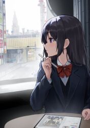 Rule 34 | 1girl, black hair, black vest, blue jacket, blush, bow, cityscape, drawing tablet, hand on table, highres, holding, holding pen, indoors, jacket, keiyo earth, lamppost, long hair, looking outside, original, pen, purple eyes, red bow, school uniform, shirt, solo, uniform, vest, white shirt, window