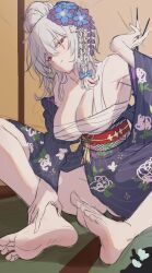 Rule 34 | 1girl, :q, absurdres, barefoot, blue archive, blue kimono, blush, braid, breasts, chest sarashi, chopsticks, cleavage, commentary request, feet, floral print, grey hair, hair between eyes, hair bun, hair ornament, haruna (blue archive), haruna (new year) (blue archive), highres, holding, holding chopsticks, japanese clothes, kimono, large breasts, looking at viewer, nompang, obi, red eyes, sarashi, sash, side braid, single hair bun, single wing, sitting, sketch, solo, tongue, tongue out, wings