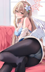 Rule 34 | 1girl, angel wings, ass, bare shoulders, black pantyhose, blue archive, blue bra, blurry, blurry background, blush, bra, breasts, brown eyes, collarbone, couch, dress, flower, furrowed brow, hair between eyes, hair flower, hair ornament, halo, highres, indoors, konka, lace, lace-trimmed bra, lace trim, large breasts, light brown hair, long hair, looking at viewer, nagisa (blue archive), on couch, panties, panties under pantyhose, pantyhose, parted lips, partially undressed, solo, steam, sweat, underwear, white dress, white flower, wings