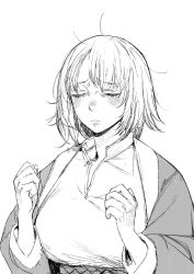 Rule 34 | 1girl, blush, breasts, clenched hand, closed eyes, closed mouth, coat, dungeon meshi, falin touden, furrowed brow, grey hair, highres, kitsu chiri, long sleeves, loose hair strand, monochrome, open clothes, open coat, pout, short hair, simple background, solo, toi8, upper body