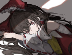 Rule 34 | 1girl, arm garter, ascot, bandages, bare shoulders, bow, brown eyes, brown hair, closed mouth, collared shirt, commentary request, detached sleeves, expressionless, frilled bow, frills, hair between eyes, hair bow, hair spread out, hair tubes, hakurei reimu, head rest, highres, hisha (kan moko), japanese clothes, long hair, lying, miko, nontraditional miko, on side, red bow, red shirt, ribbon, ribbon-trimmed sleeves, ribbon trim, sarashi, shade, shadow, shirt, sidelocks, sleeveless, sleeveless shirt, solo, touhou, yellow ascot