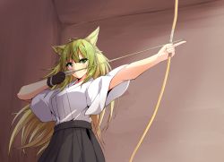 Rule 34 | 1girl, aiming, animal ears, archery, arrow (projectile), atalanta (fate), black gloves, black hakama, blonde hair, blush, bow (weapon), breasts, cat ears, cat girl, closed mouth, commentary request, cowboy shot, fate/apocrypha, fate (series), gloves, gradient hair, green eyes, green hair, hakama, hakama skirt, hakuhou (ende der welt), highres, holding, holding weapon, japanese clothes, kimono, long hair, medium breasts, multicolored hair, outstretched arm, short sleeves, single glove, skirt, solo, weapon, white kimono, wide sleeves