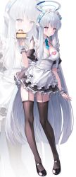Rule 34 | 1girl, absurdres, alter (kxk7357), alternate costume, apron, black dress, black footwear, black thighhighs, blue archive, blush, breasts, cake, cake slice, cleavage, closed mouth, dress, enmaided, food, frilled apron, frilled dress, frills, garter straps, grey hair, halo, highres, holding, holding plate, large breasts, long hair, maid, maid apron, maid headdress, mechanical halo, noa (blue archive), plate, puffy short sleeves, puffy sleeves, purple eyes, shoes, short sleeves, simple background, smile, solo, thighhighs, white apron, white background, zoom layer