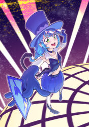 Rule 34 | 1girl, adjusting eyewear, ankle boots, blouse, blue cat (precure), blue choker, blue footwear, blue gloves, blue hair, blue hat, blue shirt, blue skirt, boots, braid, braided ponytail, card, cat tail, choker, foreshortening, full body, gloves, green eyes, hat, highres, holding, holding card, itou shin&#039;ichi, long hair, looking at viewer, miniskirt, navel, open mouth, pantyhose, pleated skirt, pointy ears, precure, purple-framed eyewear, shirt, single braid, skirt, sleeveless, sleeveless shirt, smile, solo, standing, star twinkle precure, sunglasses, tail, top hat, white pantyhose, wind, yuni (precure)