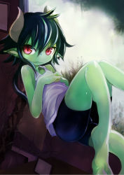 Rule 34 | 1girl, bike shorts, colored skin, dragon girl, green skin, highres, horns, looking at viewer, monster girl, pointy ears, red eyes, ruu bot, short hair, slit pupils, tail