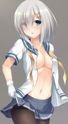 Rule 34 | 1girl, black pantyhose, blue eyes, blush, breasts, cleavage, collarbone, cowboy shot, eyes visible through hair, gloves, grey background, grey skirt, hair ornament, hair over one eye, hairclip, hamakaze (kancolle), highres, kantai collection, long hair, medium breasts, midriff, miniskirt, navel, neck ribbon, open clothes, open mouth, open shirt, pantyhose, pleated skirt, shiny clothes, shirt, short sleeves, silver hair, simple background, skirt, skirt hold, solo, standing, stomach, tomoo (tomo), undone neck ribbon, white gloves, white shirt, yellow neckwear