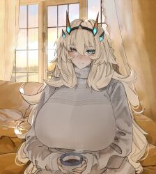 Rule 34 | 1girl, absurdres, barghest (fate), blonde hair, blush, breasts, cup, curtains, fate/grand order, fate (series), green eyes, grey sweater, heterochromia, highres, horns, huge breasts, long hair, long sleeves, looking at viewer, mug, obazzotto, orange eyes, smile, solo, sweater, turtleneck, turtleneck sweater, window