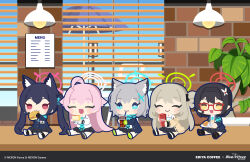 Rule 34 | 5girls, absurdres, animal ears, ayane (blue archive), black footwear, black hair, black jacket, black skirt, black socks, blazer, blue archive, blue eyes, blue halo, blue necktie, blue scarf, cardigan, cat ears, chibi, closed mouth, coffee, collared shirt, cup, drink, drinking straw, drinking straw in mouth, ediya coffee, extra ears, food, glasses, green footwear, green halo, grey hair, halo, highres, holding, holding cup, holding plate, hoshino (blue archive), jacket, kinubari nerune, light brown hair, long hair, long sleeves, medium hair, multiple girls, necktie, nonomi (blue archive), official art, open cardigan, open clothes, open jacket, open mouth, pink hair, pink halo, plate, pleated skirt, pointy ears, red-framed eyewear, red eyes, red halo, scarf, second-party source, serika (blue archive), shiroko (blue archive), shirt, shoes, short hair, skirt, smile, socks, waffle, white shirt, white socks, wolf ears, yellow cardigan, yellow eyes