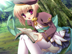 Rule 34 | 1girl, bell, beret, blonde hair, blush, book, flat chest, hat, hikage eiji, koihime musou, open book, pink eyes, reading, shokatsuryou, sitting, solo, thighhighs, tree, white thighhighs