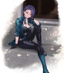 Rule 34 | 1girl, belt, black choker, black gloves, black pants, blue footwear, blue jacket, blush, boots, breasts, cait aron, choker, cleavage, closed mouth, collarbone, fire emblem, fire emblem: three houses, forehead, gloves, jacket, knee boots, knee pads, knee up, large breasts, long sleeves, looking at viewer, nintendo, open clothes, open jacket, pants, purple eyes, purple hair, shamir nevrand, short hair, sitting, smile, solo