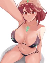 Rule 34 | 1girl, absurdres, bare shoulders, bikini, black bikini, breasts, chest jewel, cosplay, dayman, daymandraws, highres, jewelry, large breasts, long hair, necklace, pyra (xenoblade), red hair, short hair, smile, stoic seraphim, swimsuit, weapon, white background, xenoblade chronicles (series), xenoblade chronicles 2