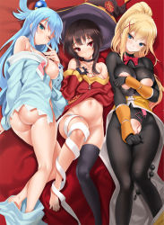 Rule 34 | 10s, 3girls, anal beads, aqua (konosuba), areola slip, arm warmers, ass, bandaged leg, bandages, barefoot, black gloves, black hair, black legwear, blonde hair, blue eyes, blush, bodystocking, bodysuit, breasts, choker, cle masahiro, clothes pull, convenient censoring, covering privates, covering breasts, darkness (konosuba), feet, fingerless gloves, gloves, hair ornament, hand on own chest, hat, kono subarashii sekai ni shukufuku wo!, large breasts, medium breasts, megumin, multiple girls, navel, no bra, no panties, one eye closed, pants, pants pull, ponytail, red eyes, sex toy, single thighhigh, small breasts, smile, thighhighs, toes, top pull, vibrator, witch hat, x hair ornament
