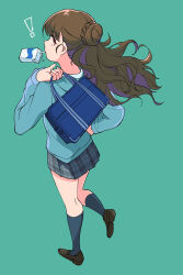 Rule 34 | !, 1girl, bag, brown hair, drinking, drinking straw, floating hair, from above, from behind, full body, green background, green jacket, green skirt, green socks, green theme, hair bun, hand up, highres, holding, holding bag, idolmaster, idolmaster cinderella girls, idolmaster cinderella girls starlight stage, jacket, kamiya nao, kneepits, loafers, long hair, looking at viewer, looking back, looking up, mouth hold, niyororinpayamaru, plaid, plaid skirt, pleated skirt, school bag, school uniform, shirt, shoes, simple background, single hair bun, skirt, socks, solo, standing, standing on one leg, white shirt
